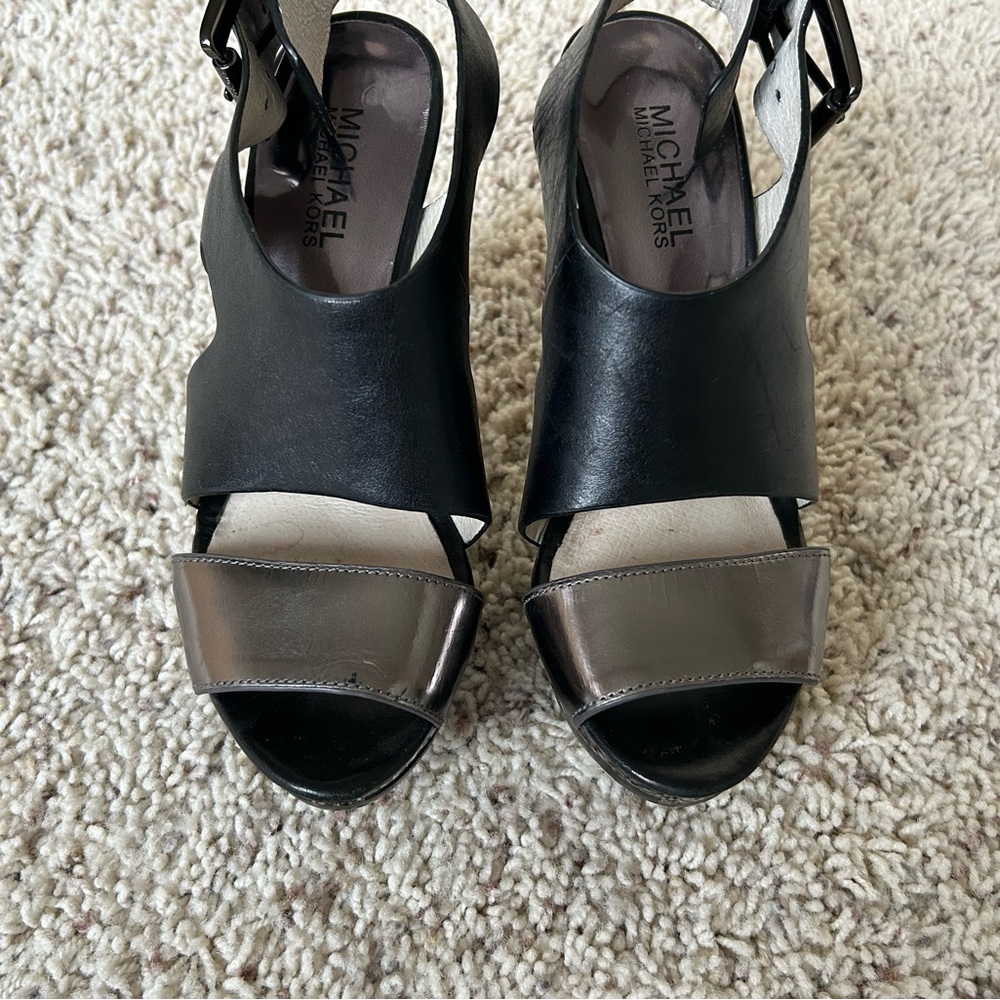 Michael Kors Black and Silver Leather Platform Heels - Women's Size 6-1/2
